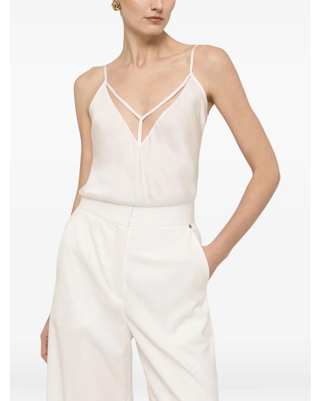 Nissa White Tulle-Insert Viscose Top