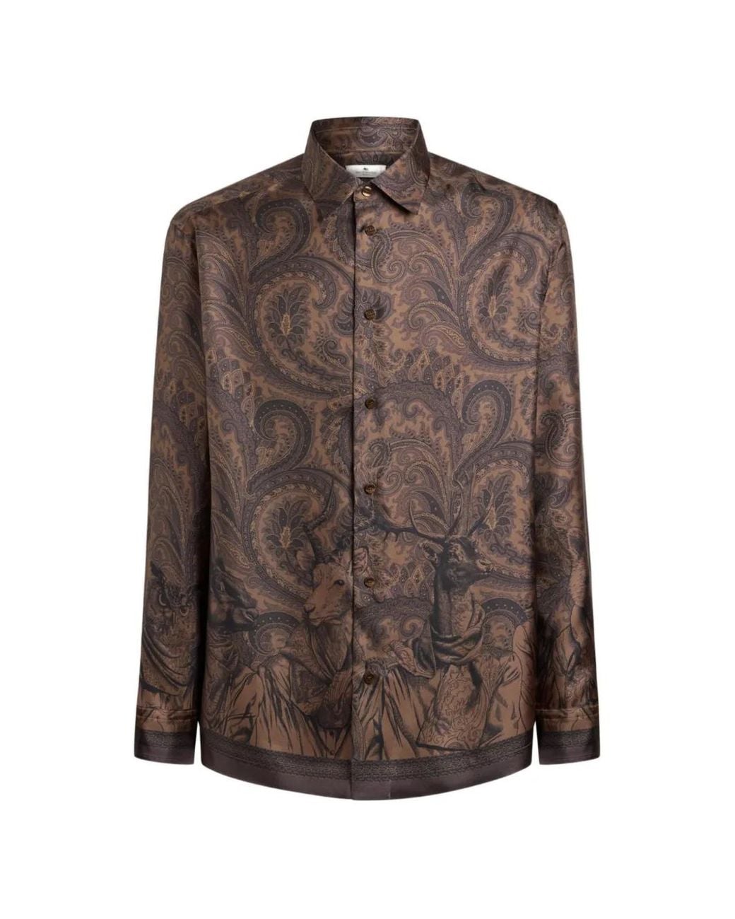 Etro Brown Silk Twill With Placed Paisley And Animal Print for men