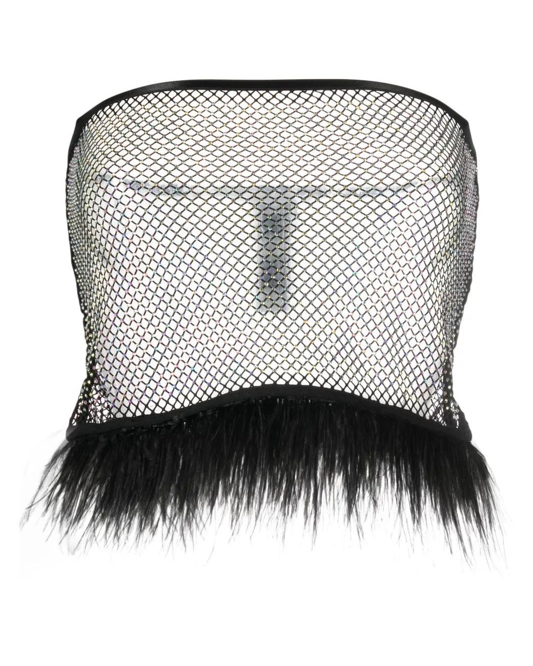 Patrizia Pepe Black Feather-Trim Rhinestone Mesh Top