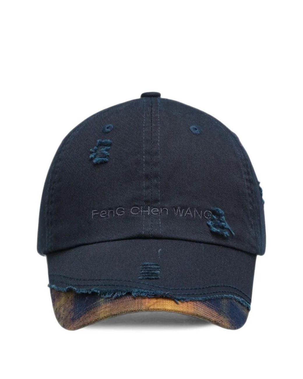 Feng Chen Wang Blue Distressed Plaid-Panel Baseball Cap