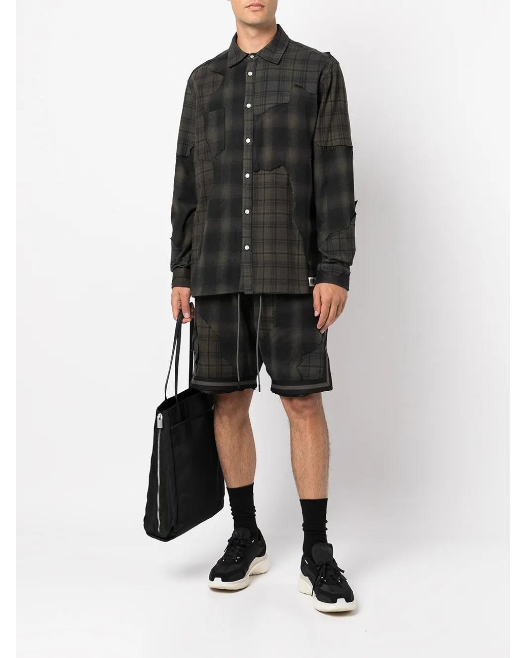 Mostly Heard Rarely Seen Black Plaid-Check Patchwork Shirt for men