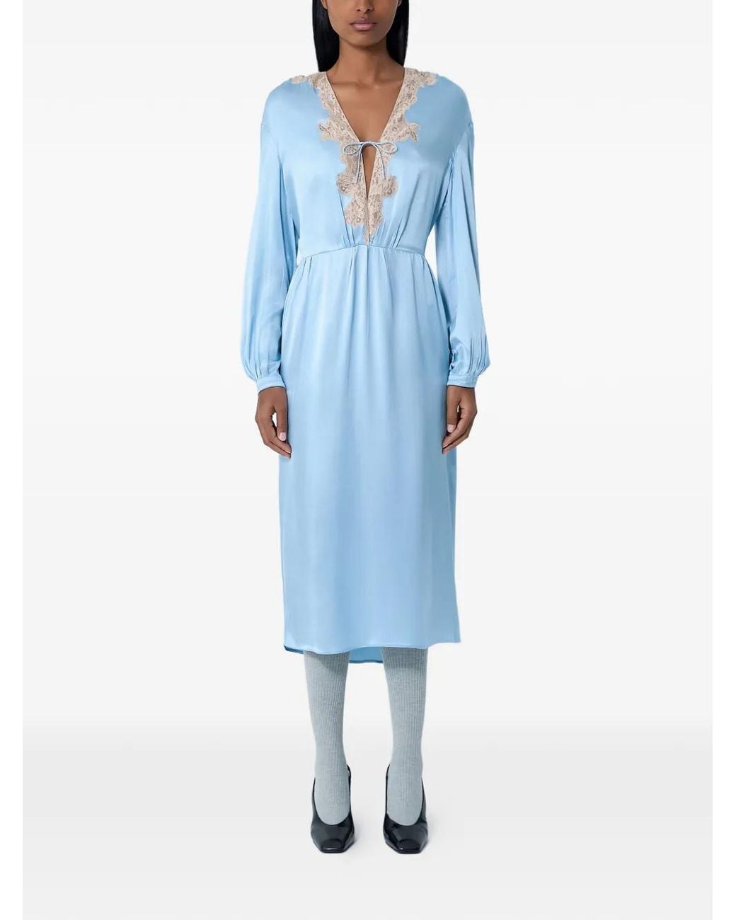 Prada Blue Lace Satin V-Neck Midi Dress
