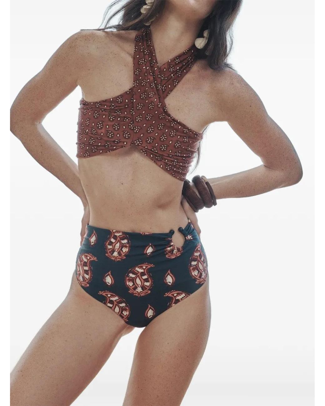 Johanna Ortiz Brown Spice Printed Bikini Top
