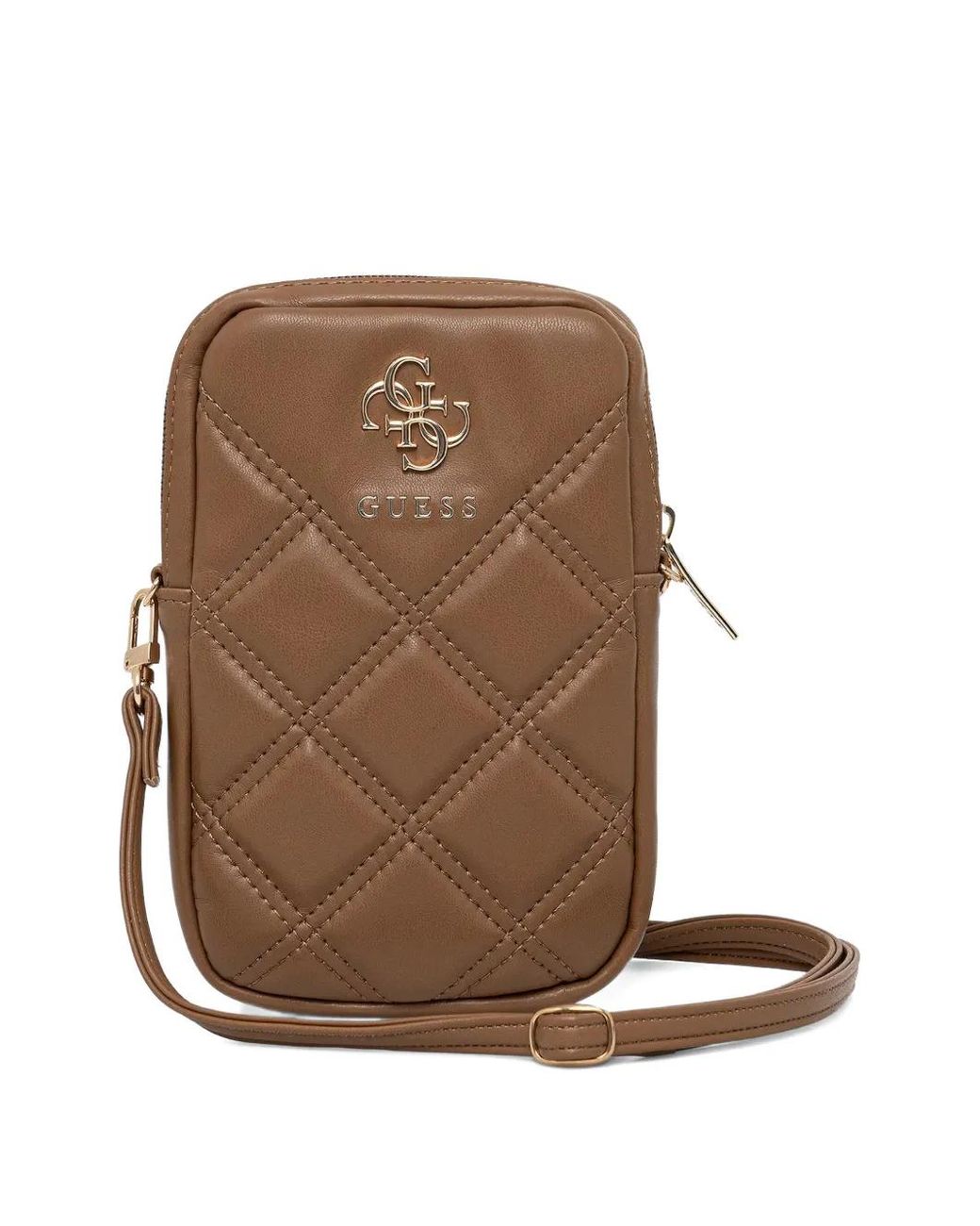 Guess Brown Quilted Logo-Plaque Phone Bag