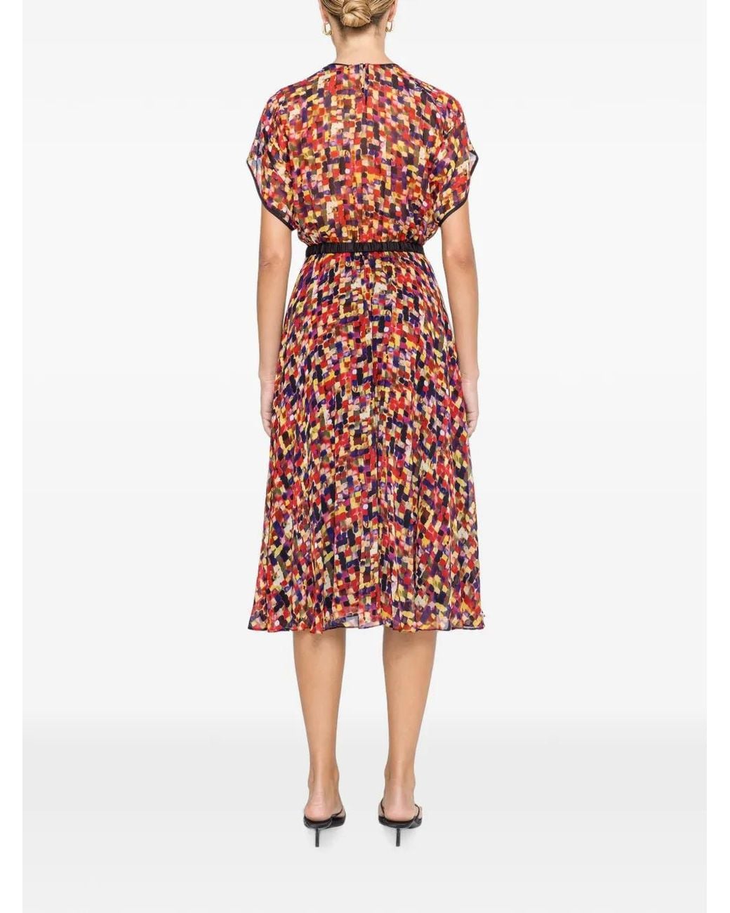 Nissa Red Printed Viscose Midi Dress
