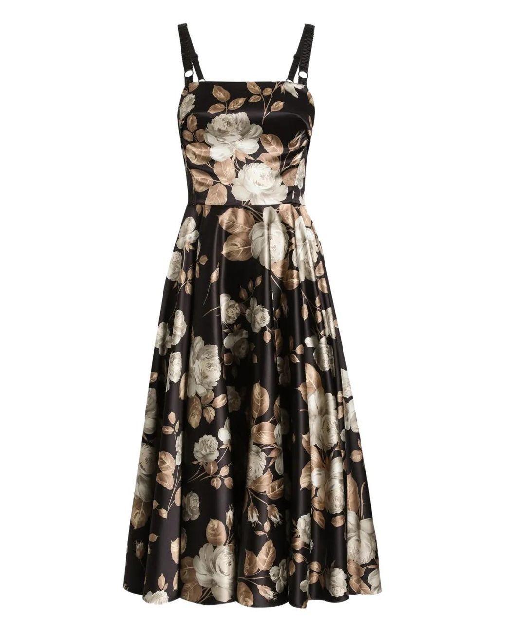 Dolce & Gabbana Black Rose-Print Satin Midi Dress