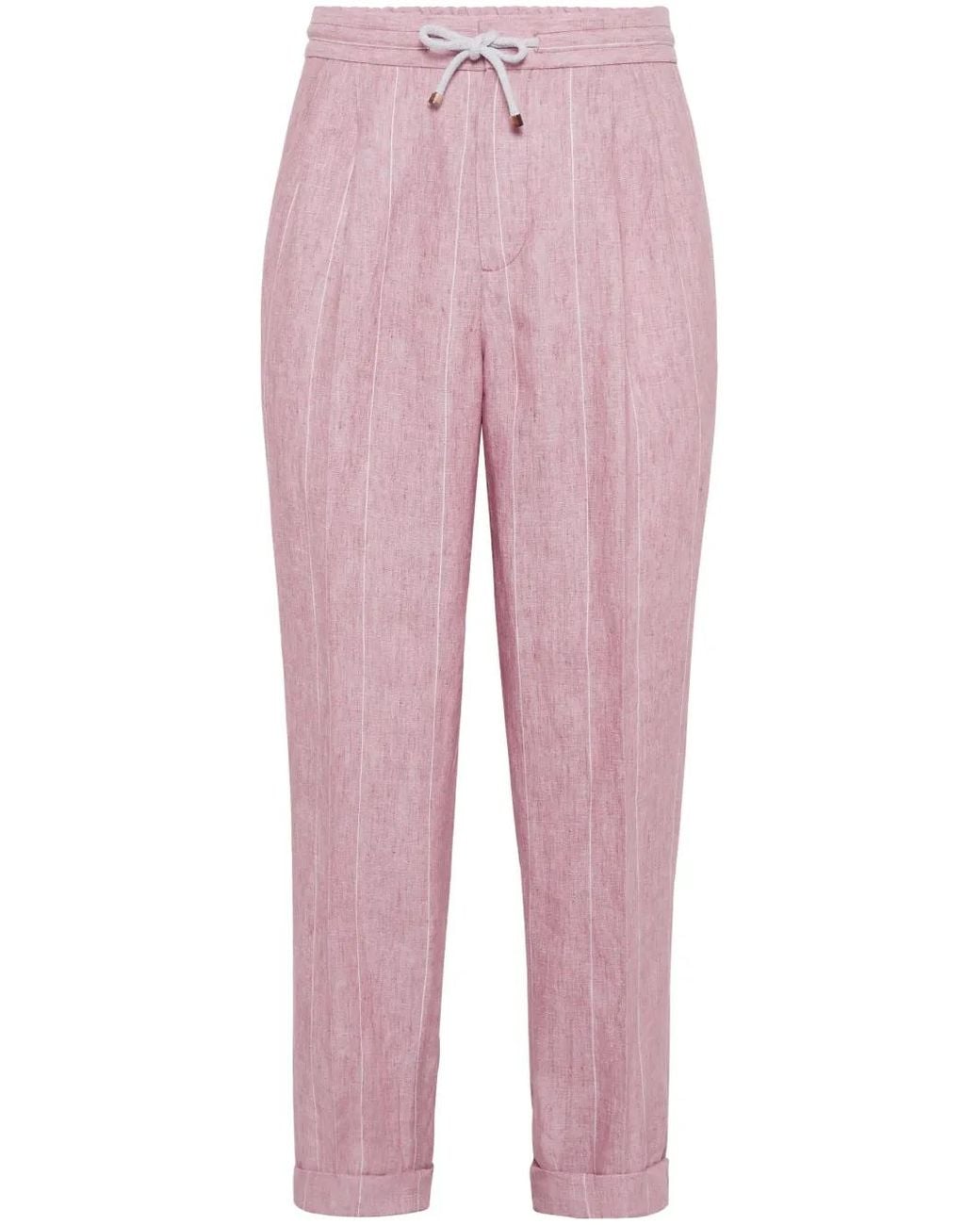 Brunello Cucinelli Pink Striped Linen Trousers for men
