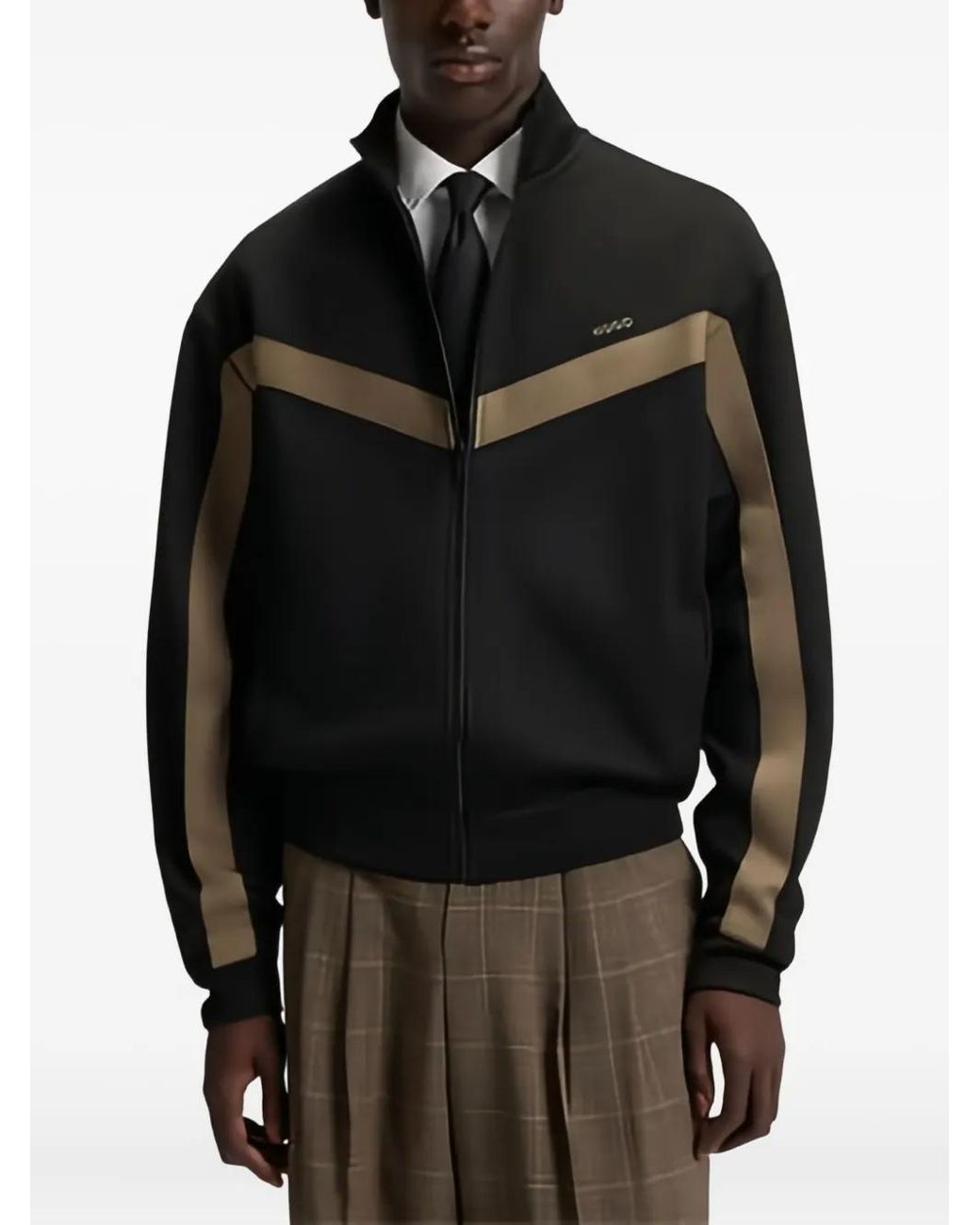 HUGO Black Panelled Zip-Up Sweater for men