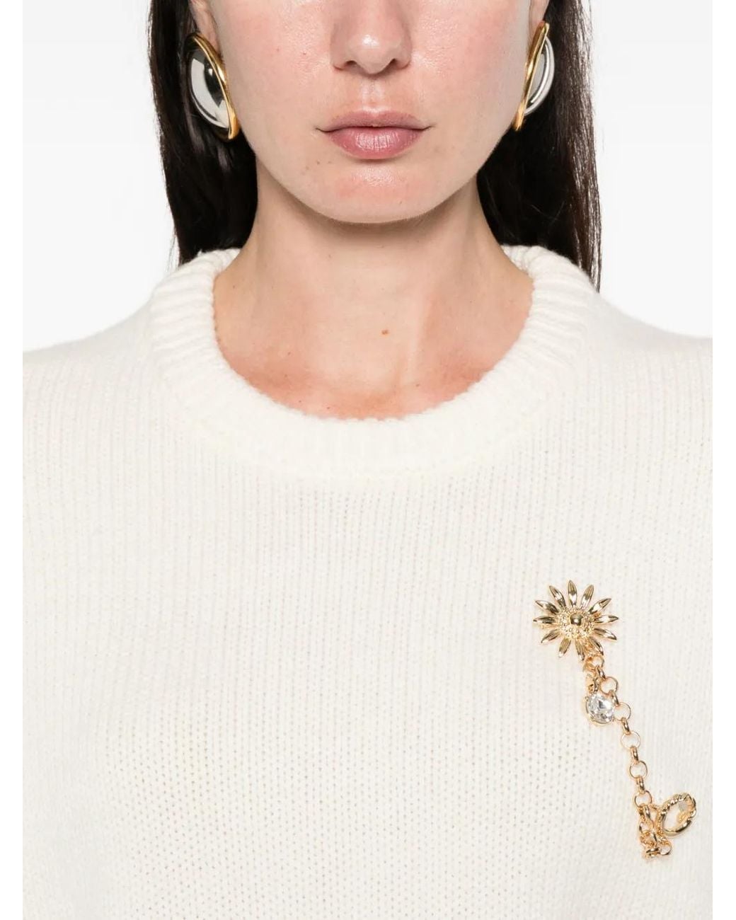 Maje White Jumper With Floral Brooch