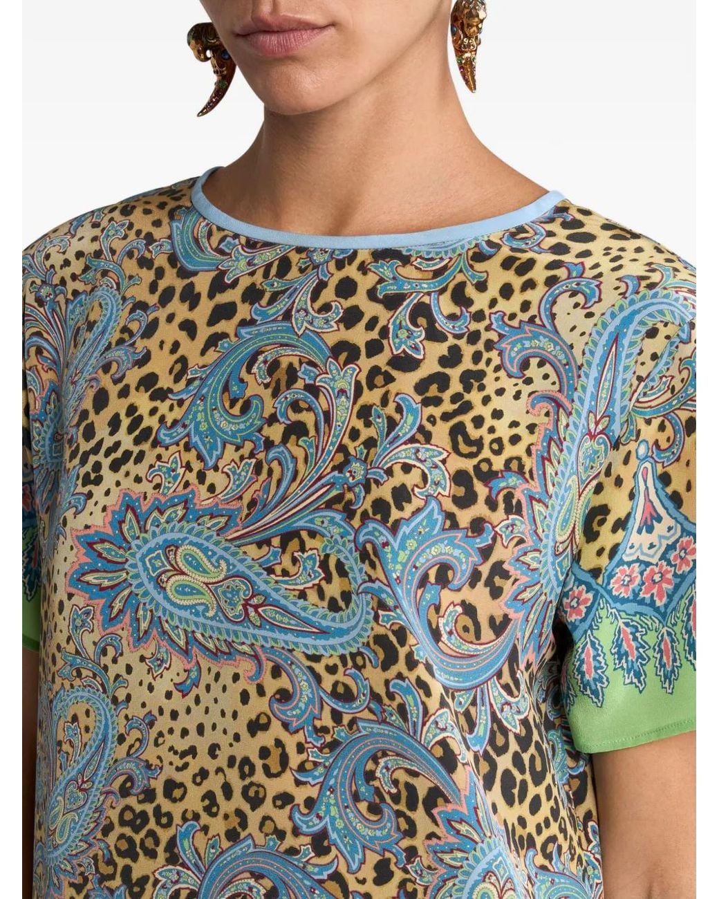Etro Blue Paisley Animal-Motif Silk Top