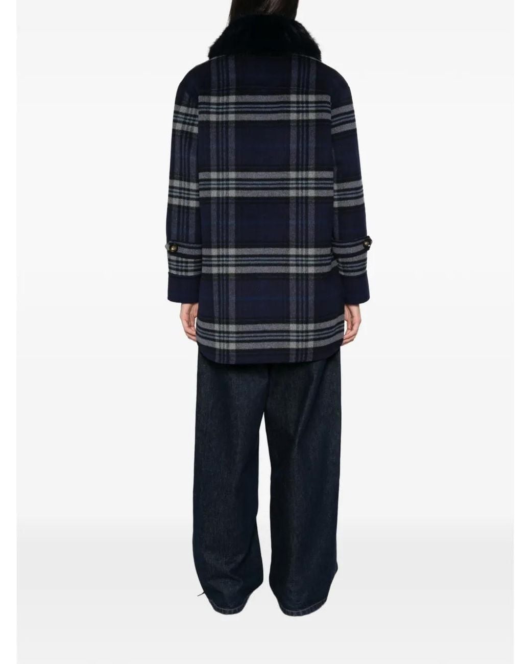 Ava Adore Blue Check-Pattern Faux-Fur-Trim Coat