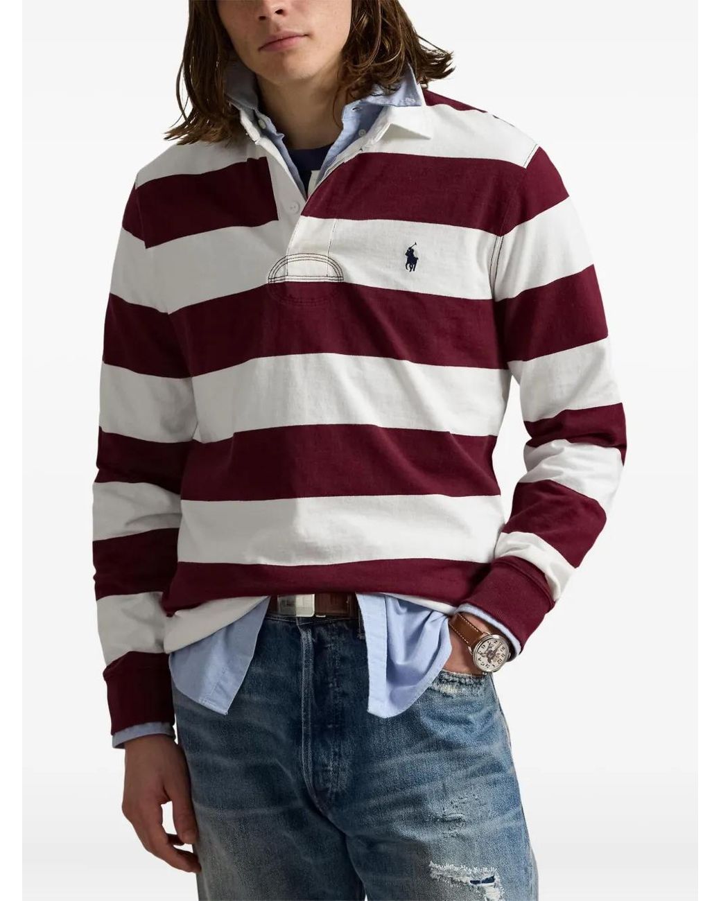 Polo Ralph Lauren Striped Long-Sleeve Polo Shirt in Red for Men | Lyst
