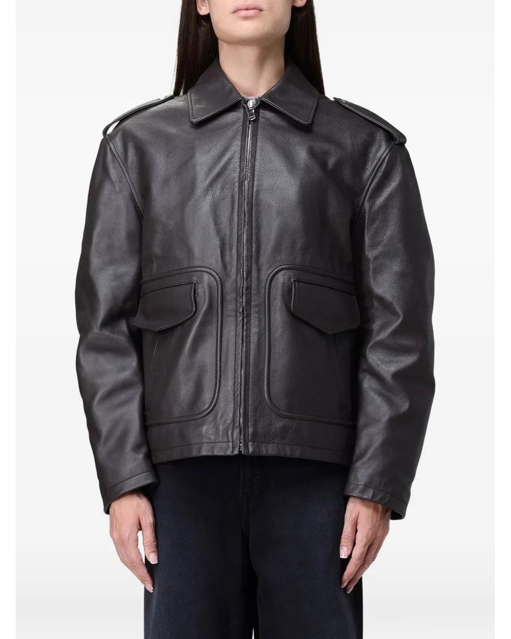 Fiorucci Gray Graphic-Print Leather Jacket