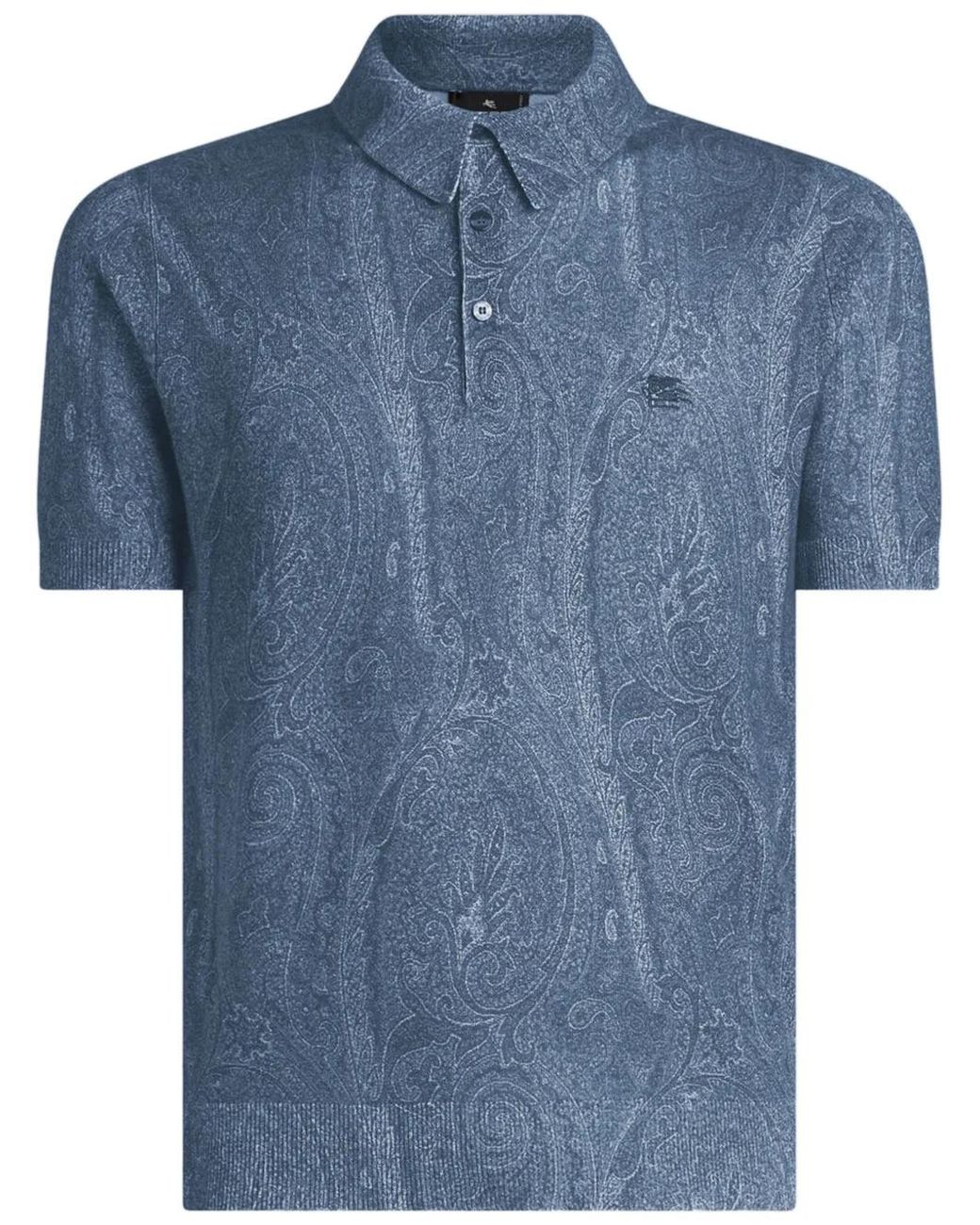 Etro Blue Knit Polo-Shirt With Paisley Print for men