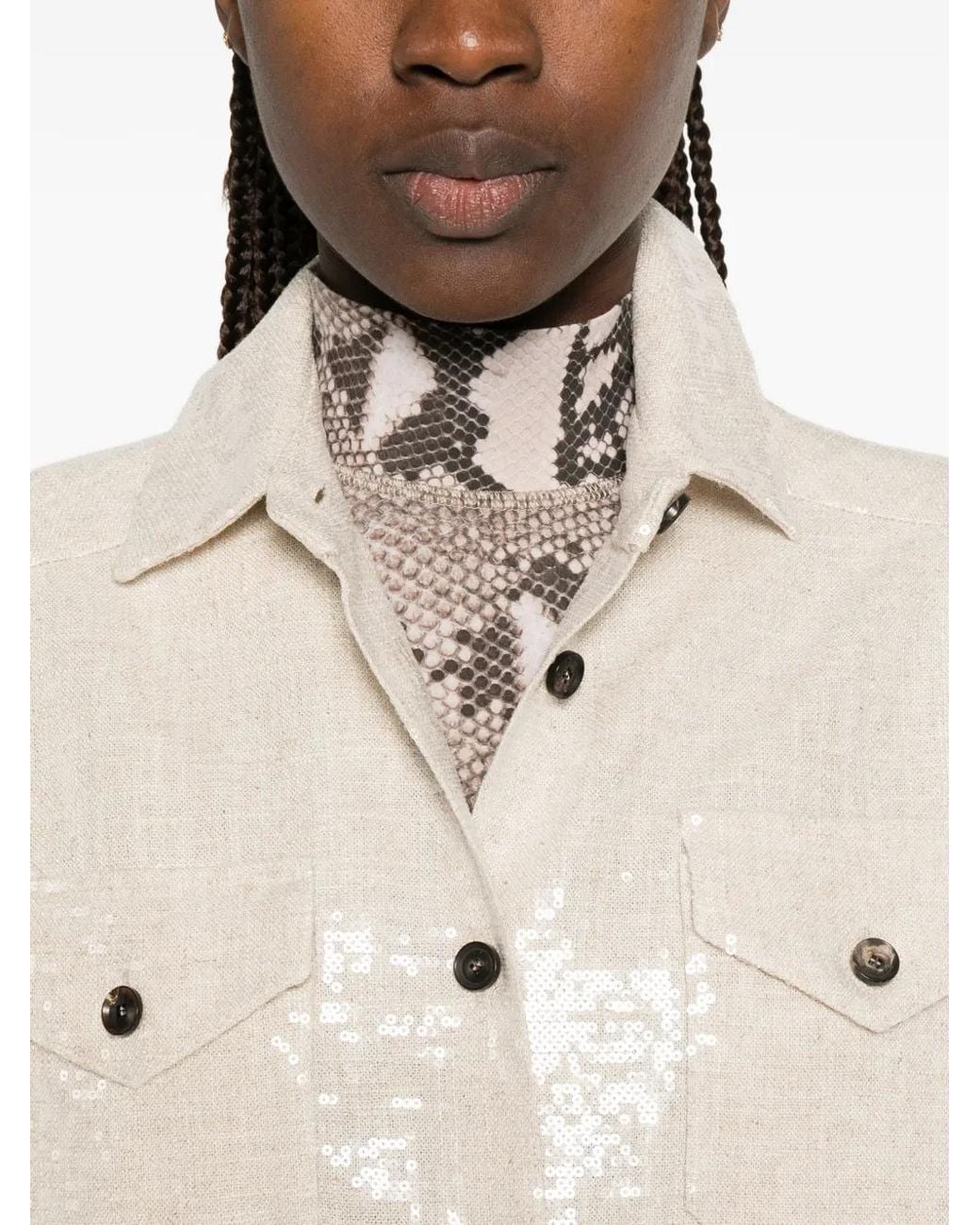Kiton White Sequin-Embellished Button-Up Jacket