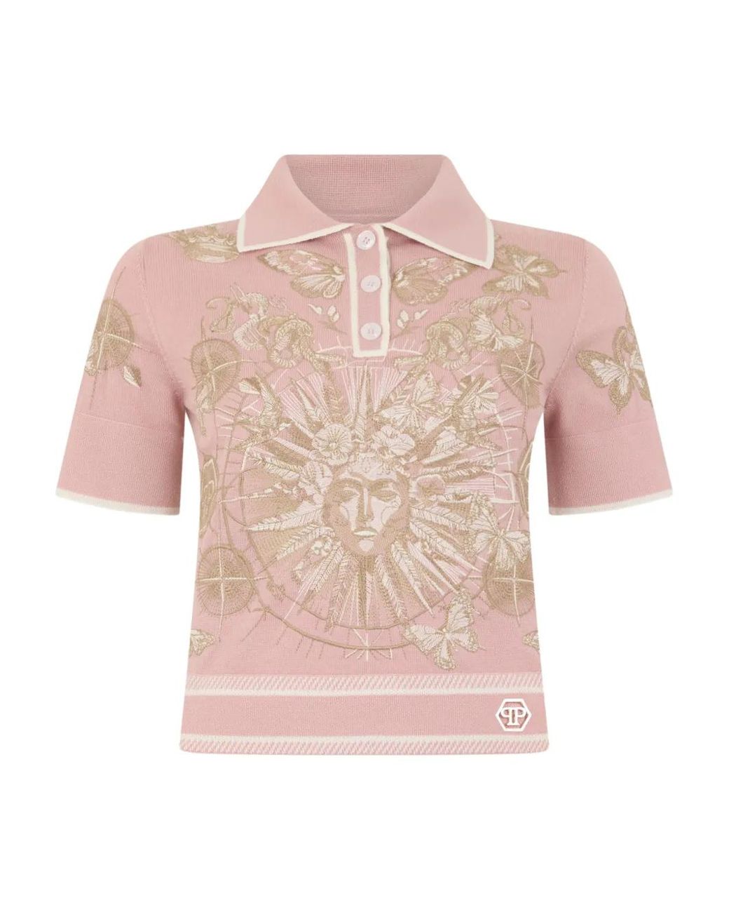 Philipp Plein Pink Embroidery Butterfly Tattoo Polo Shirt