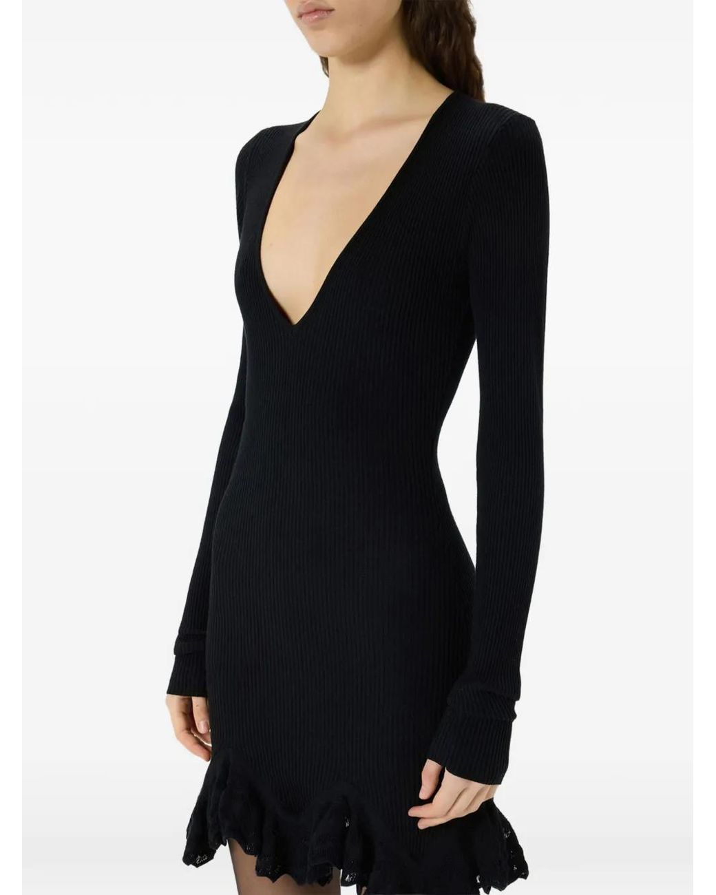Blumarine Black Ribbed-Knit Ruffled Mini Dress