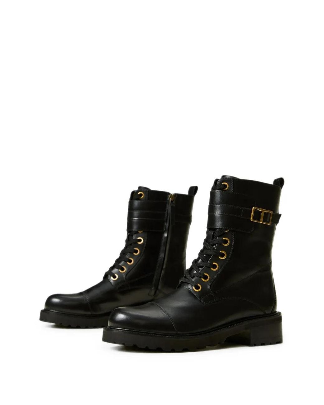 Twinset Black Logo-Buckle Lace-Up Combat Boots