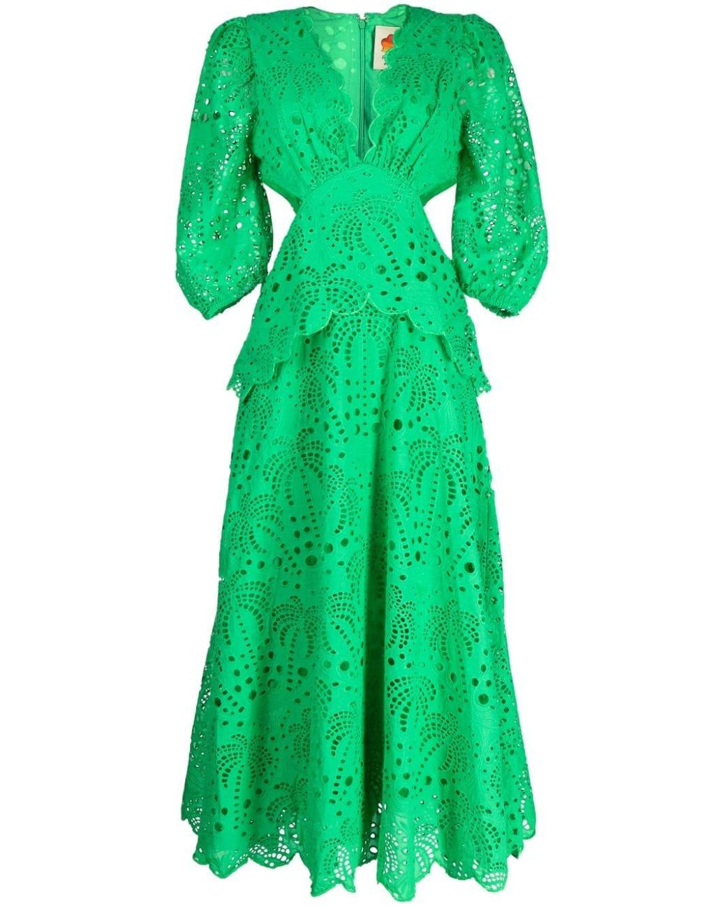 FARM Rio Richelieu Broderie Anglaise Cotton Dress in Green
