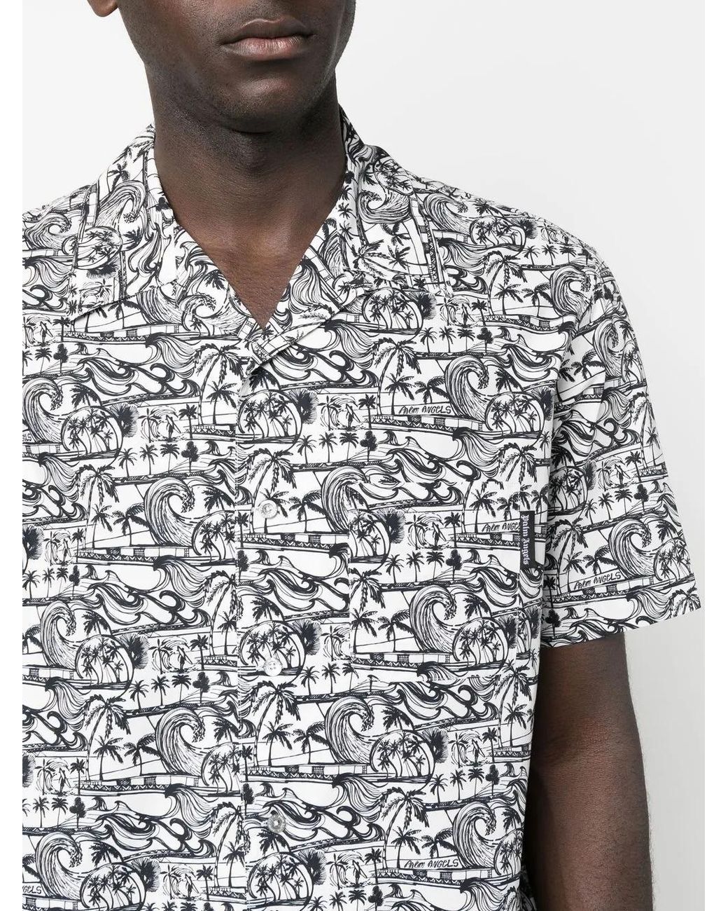 Palm Angels Gray Waves-Print Bowling Shirt for men