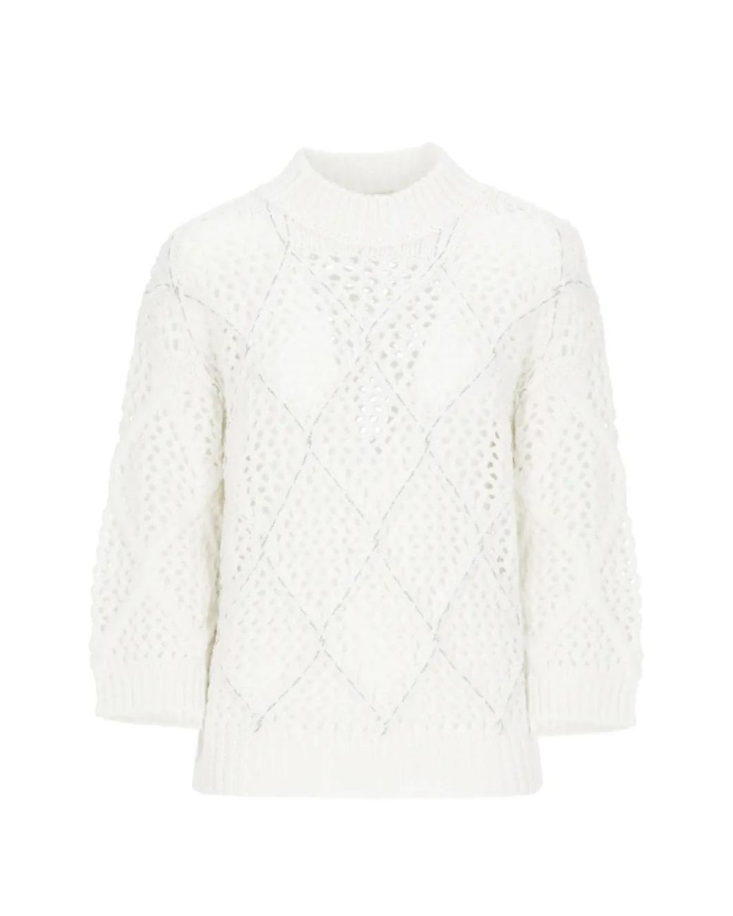 Peserico White Perforated-Knit Bead-Embellished Sweater