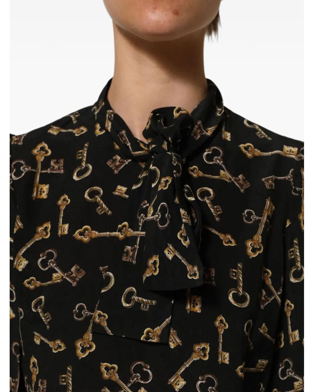 Dolce & Gabbana Black Keys-Print Pussy-Bow Blouse