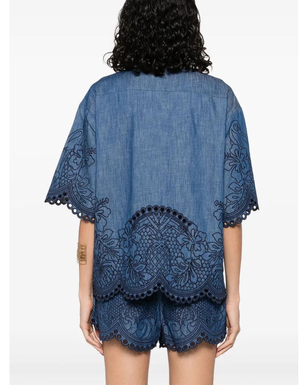Zimmermann Blue Short Sleeve Embroidered Top