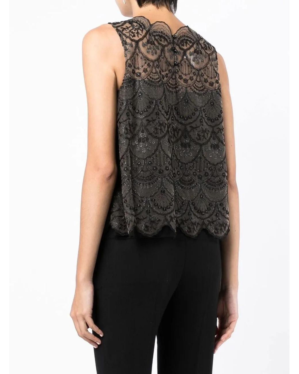 Shiatzy Chen Black Blouse Sans Manches À Superposition En Dentelle