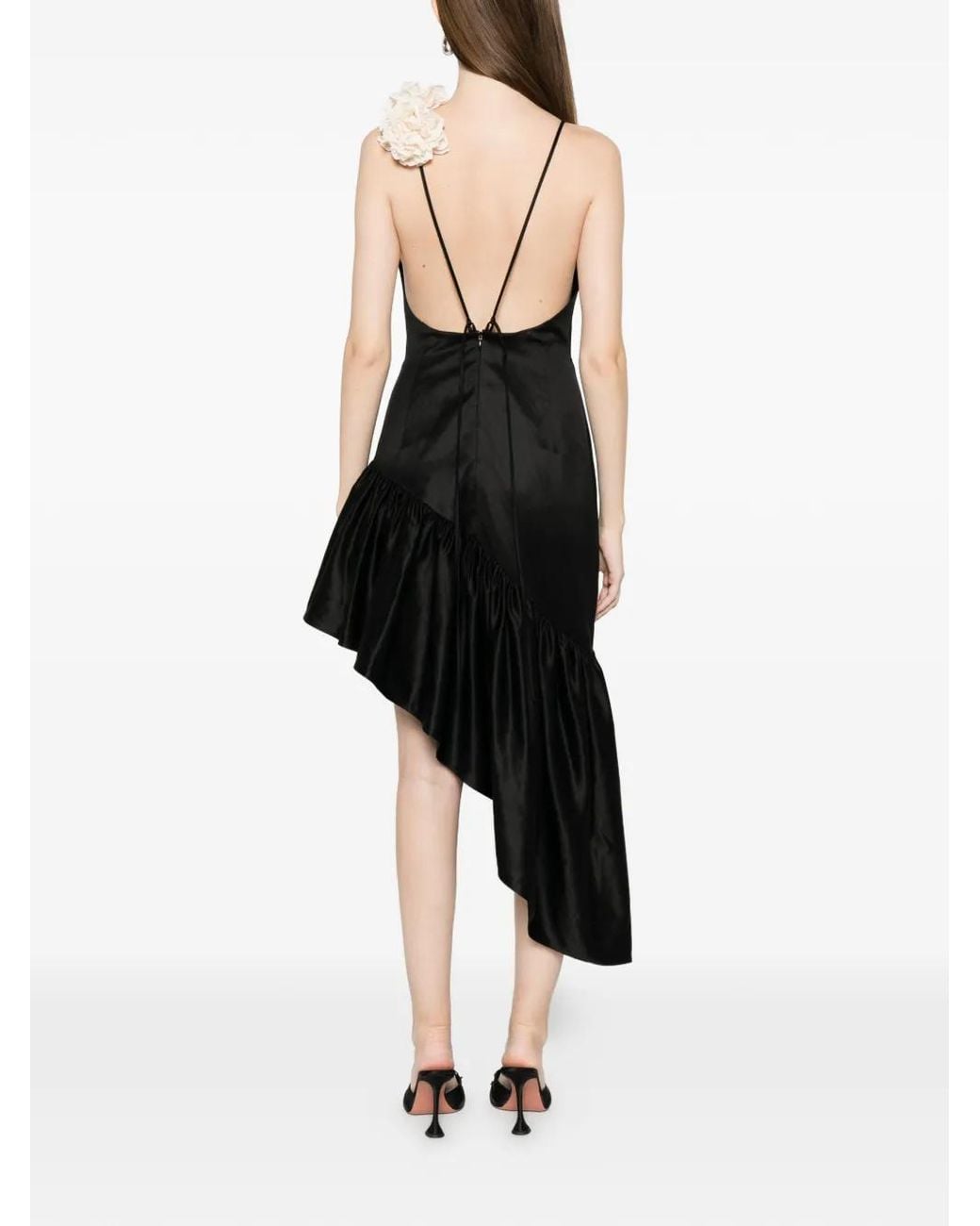 Sandro Black Flower Detail Asymmetrical Ruffled Dress