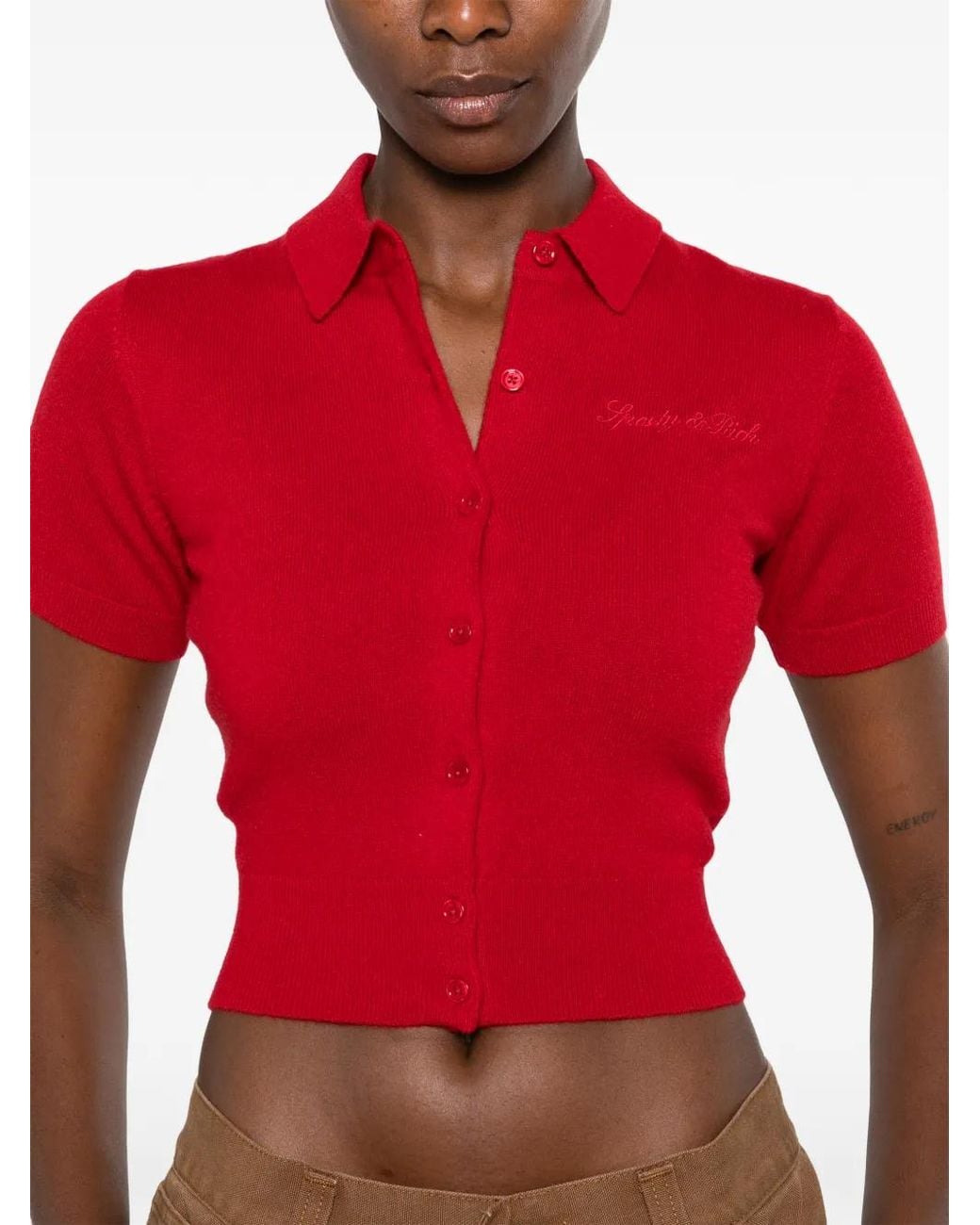 Sporty & Rich Red Jannie Short-Sleeve Button-Up Cardigan