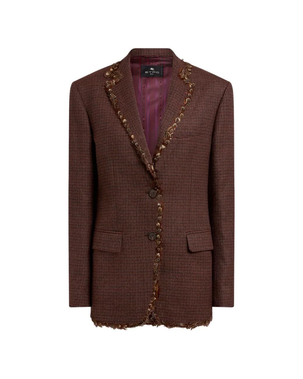 Etro Brown Single-Breasted Wool Jacket With Pheasant Feathers And Micro Houndstooth Motif