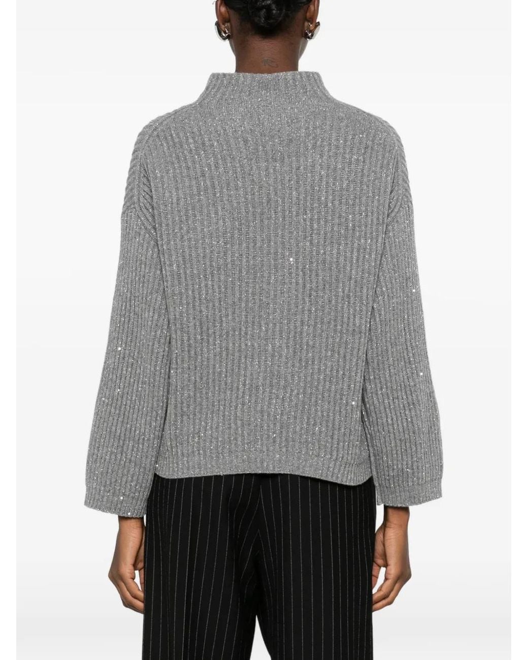 Brunello Cucinelli Gray Sequin-Embellished Ribbed Sweater