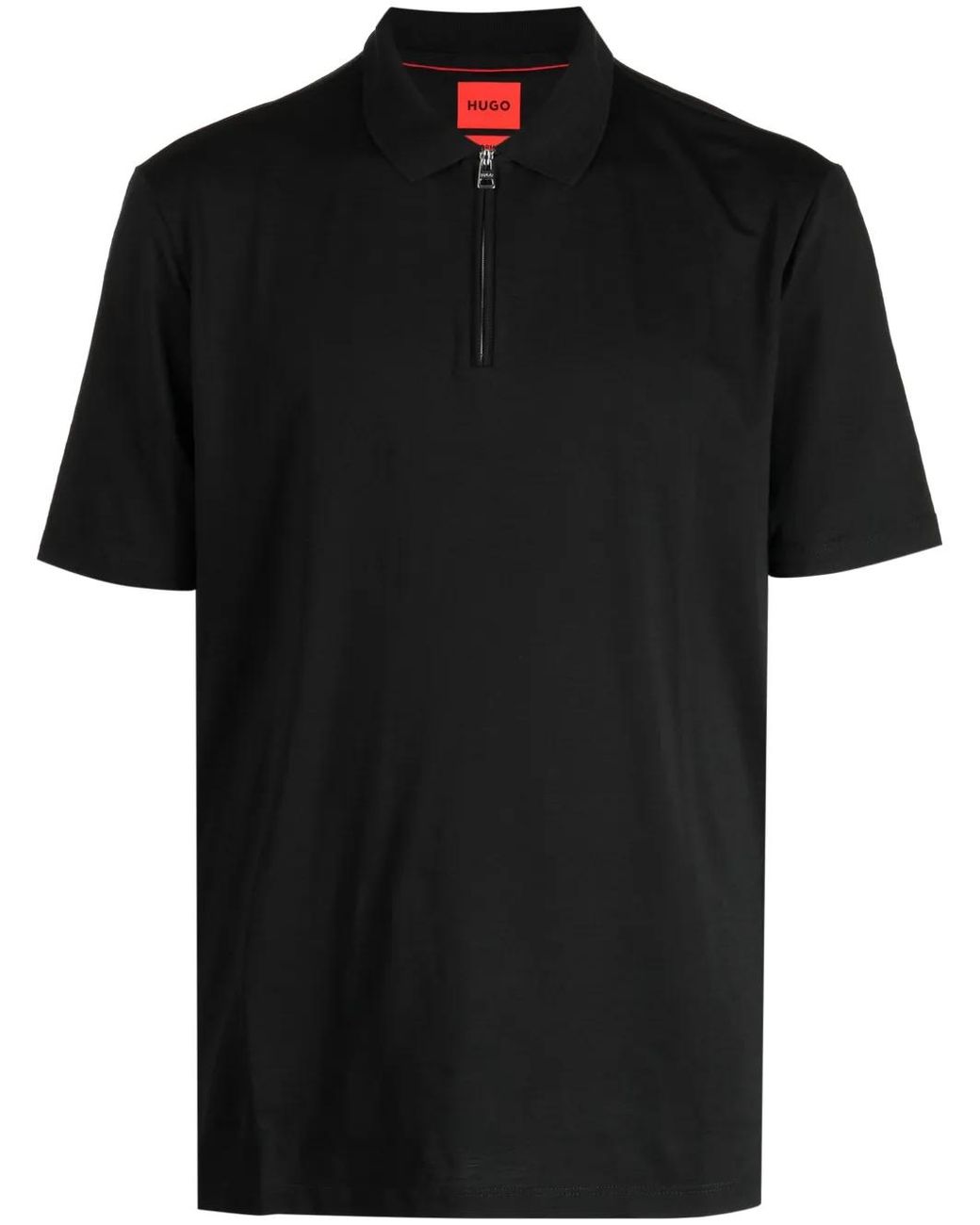 HUGO Black Half-Zip Cotton Blend Polo Shirt for men