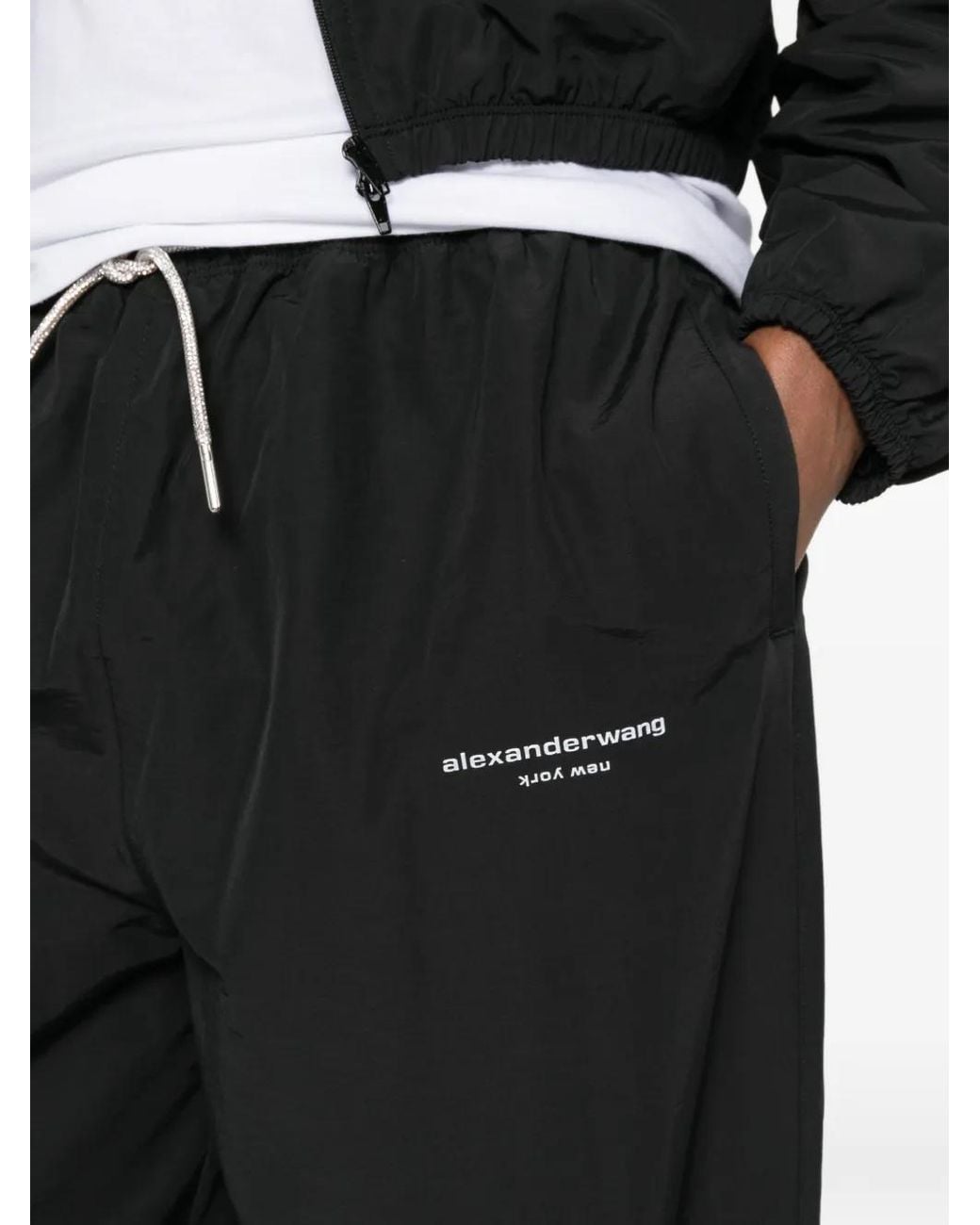 Alexander Wang Black Crystal Drawcord Mid-Rise Trackpants