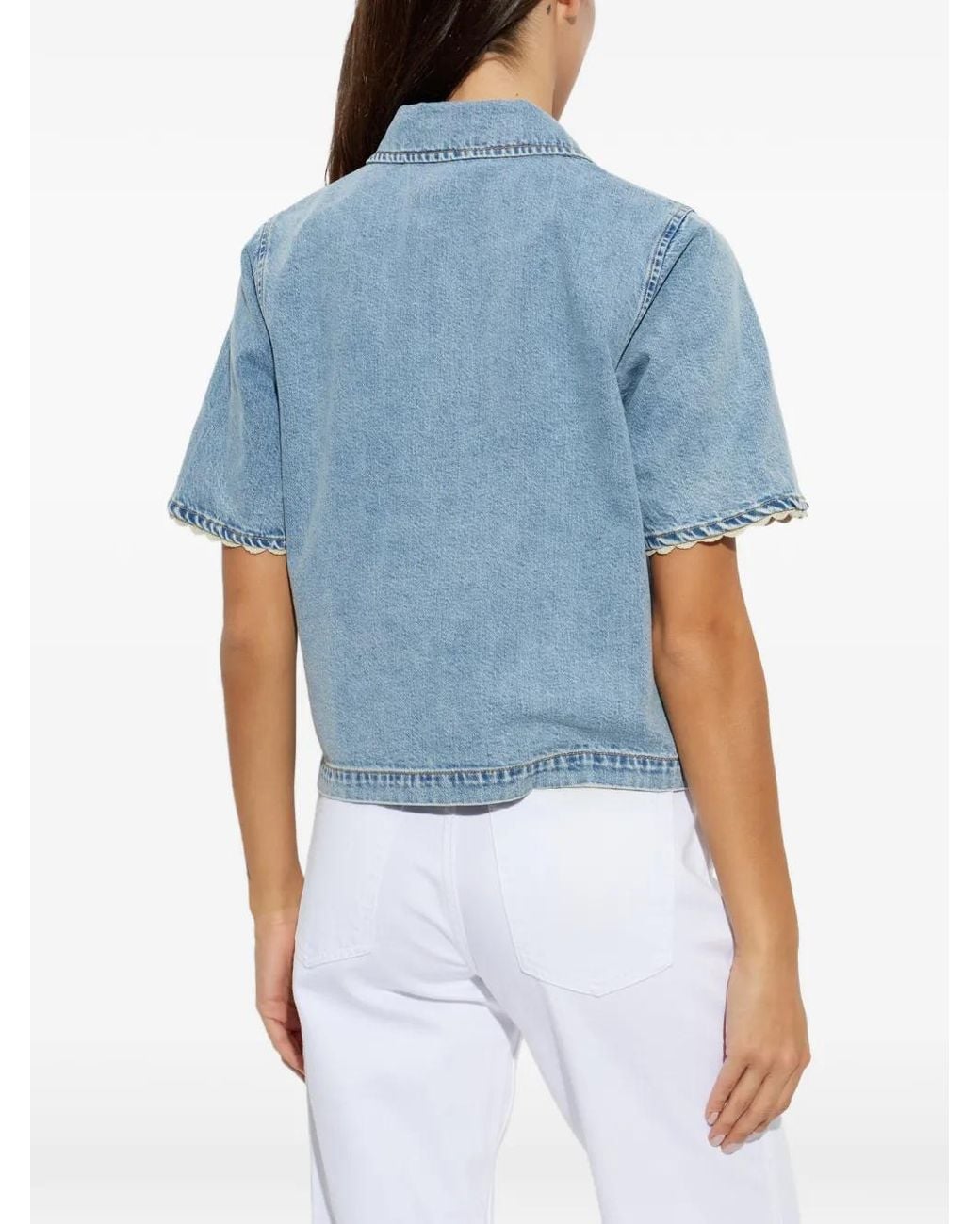 FRAME Blue Scallop-Trim Short-Sleeve Shirt
