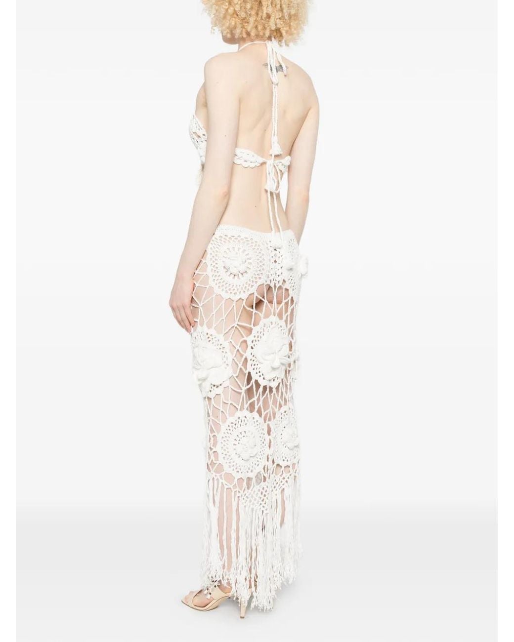 GIUSEPPE DI MORABITO White Floral-Appliqué Crochet-Knit Maxi Dress