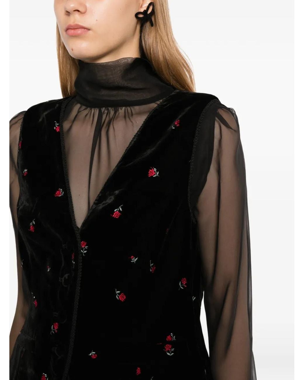 FETICO Black Rose-Embroidered Velvet Gilet