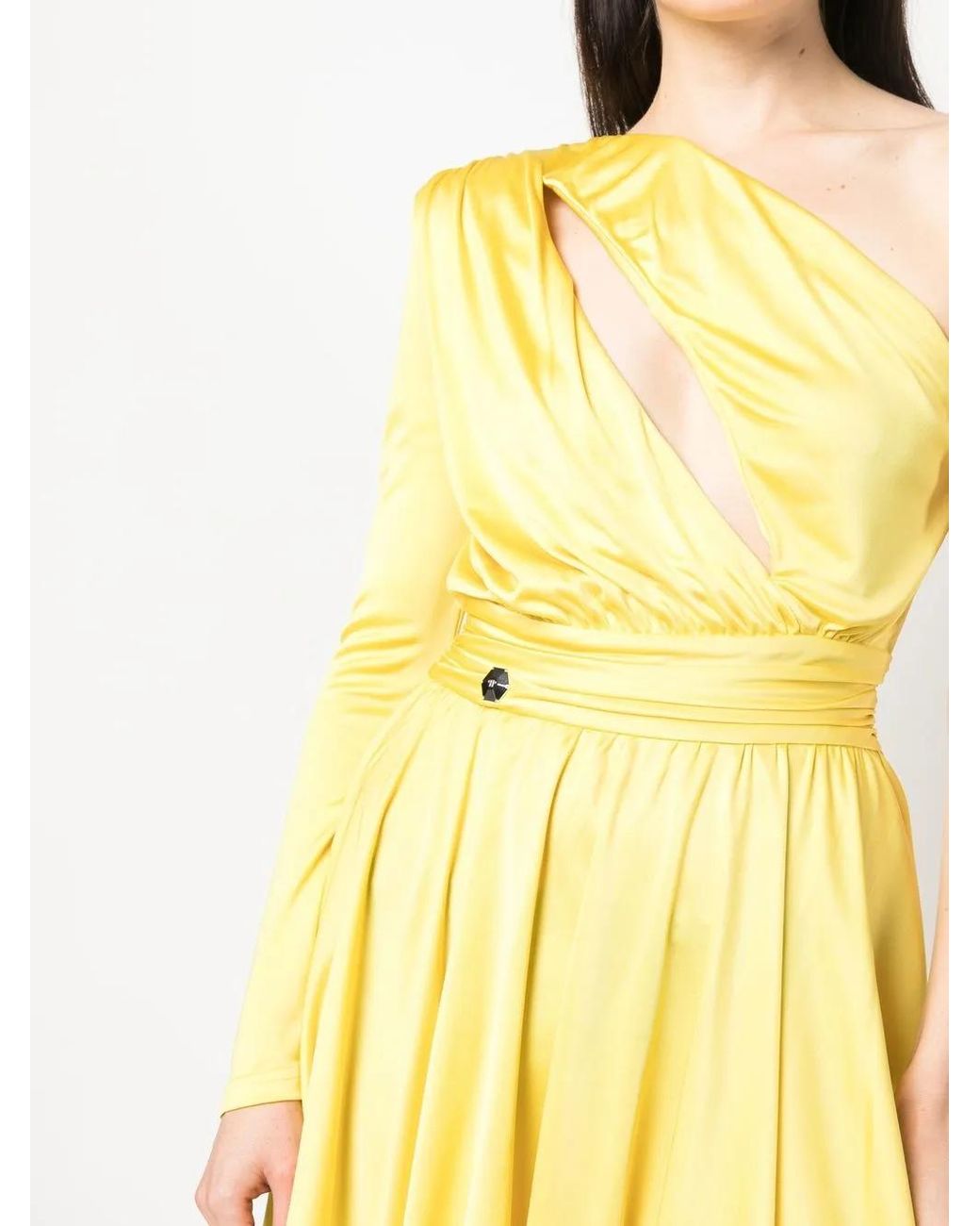 Philipp Plein Yellow Pleated One-Shoulder Dress