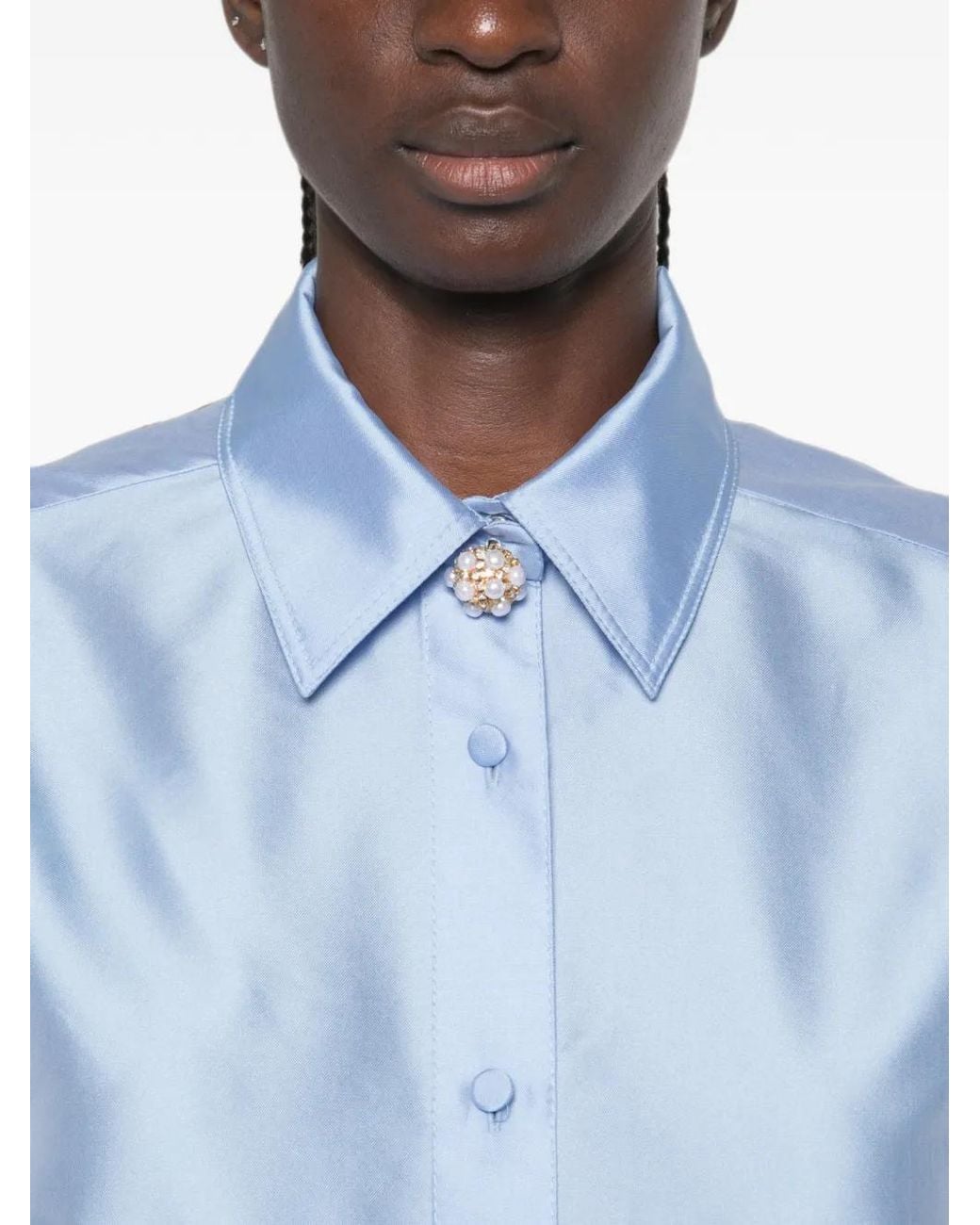 Sandro Blue Satin Shirt With Jewelry Detail