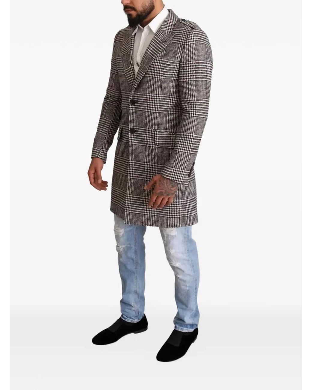 Dolce & Gabbana Gray Plaid-Pattern Single-Breasted Coat for men