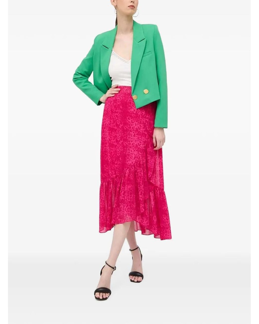 Morgan Pink Ruffled Animal-Print Midi Skirt