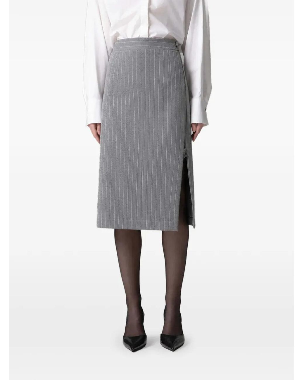 Gaelle Paris Gray Pinstripe-Pattern Side-Zip Skirt