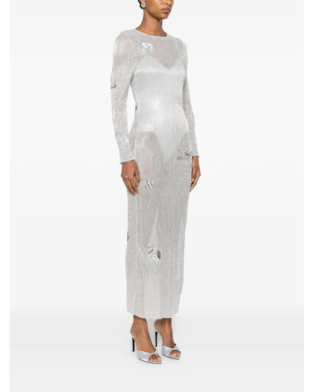 Leslie Amon White Sea Shell-Patch Maxi Dress