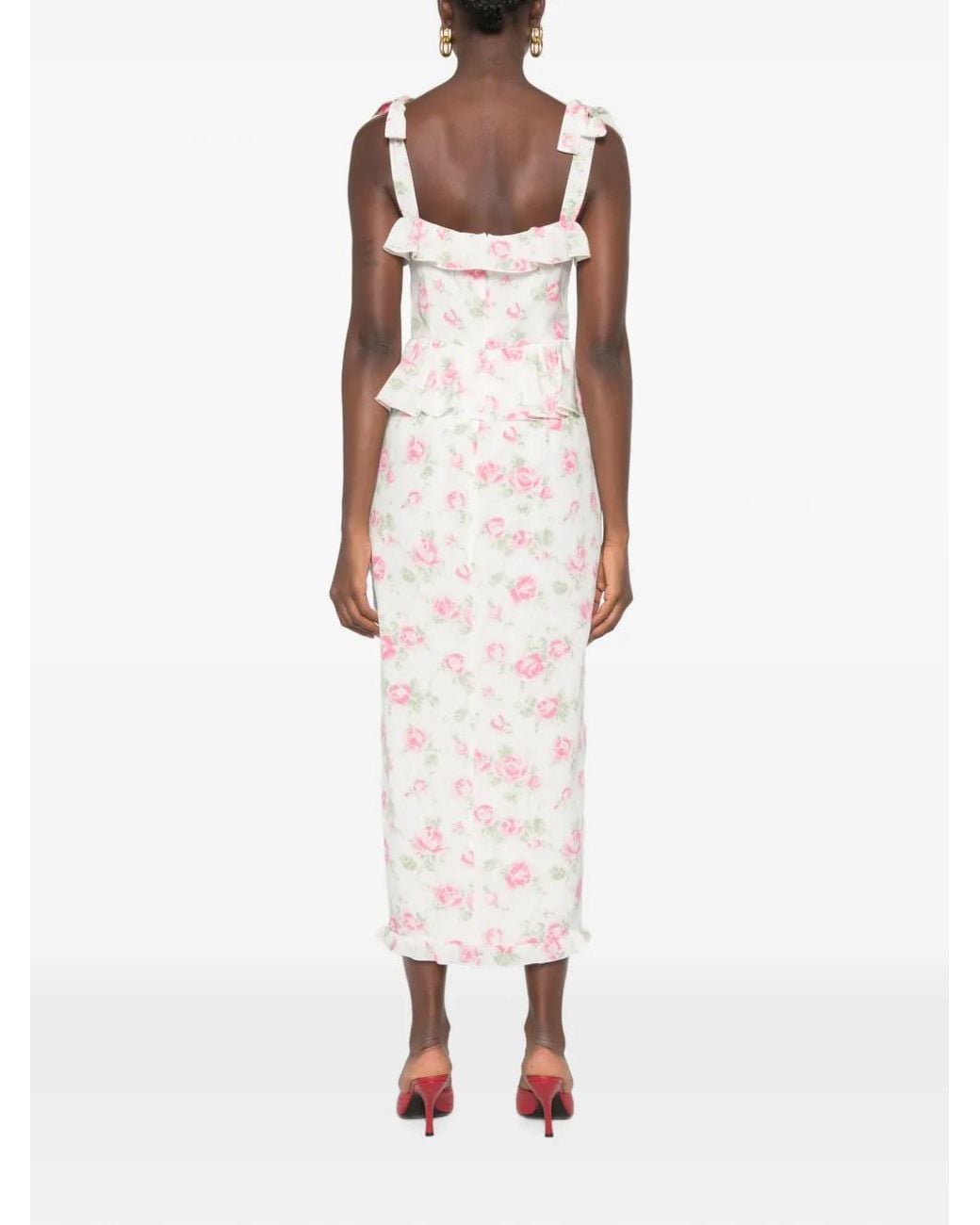 Alessandra Rich White Floral-Print Silk Midi Dress With Ruffles