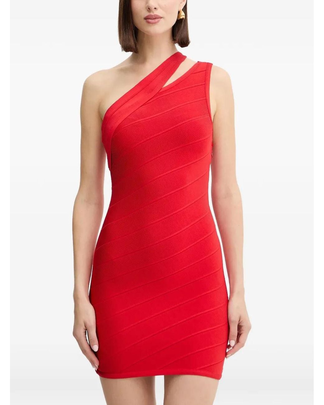 Hervé Léger Red Molly One-Shoulder Mini Dress