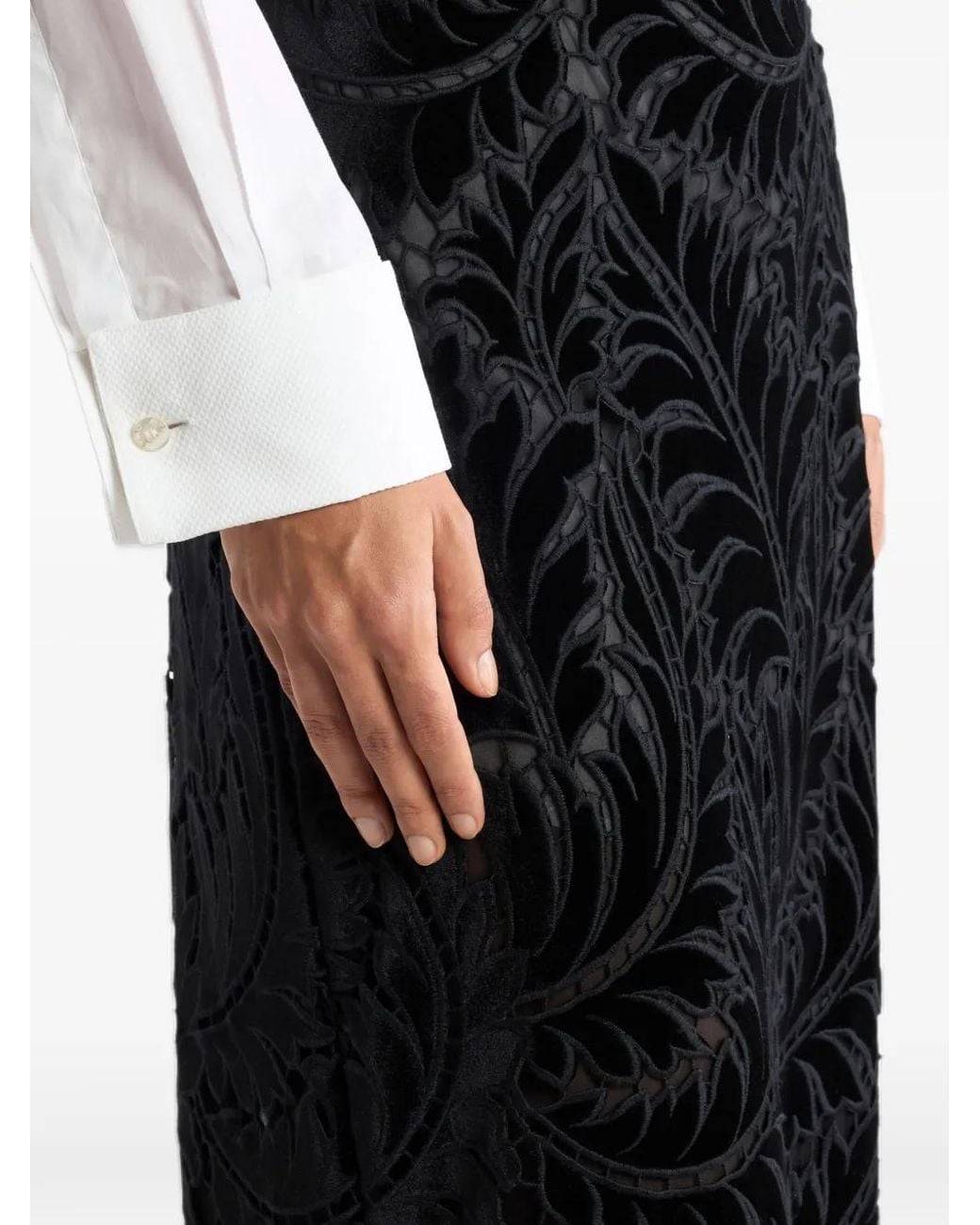 Etro Black Embroidered Cotton Velvet Midi Skirt