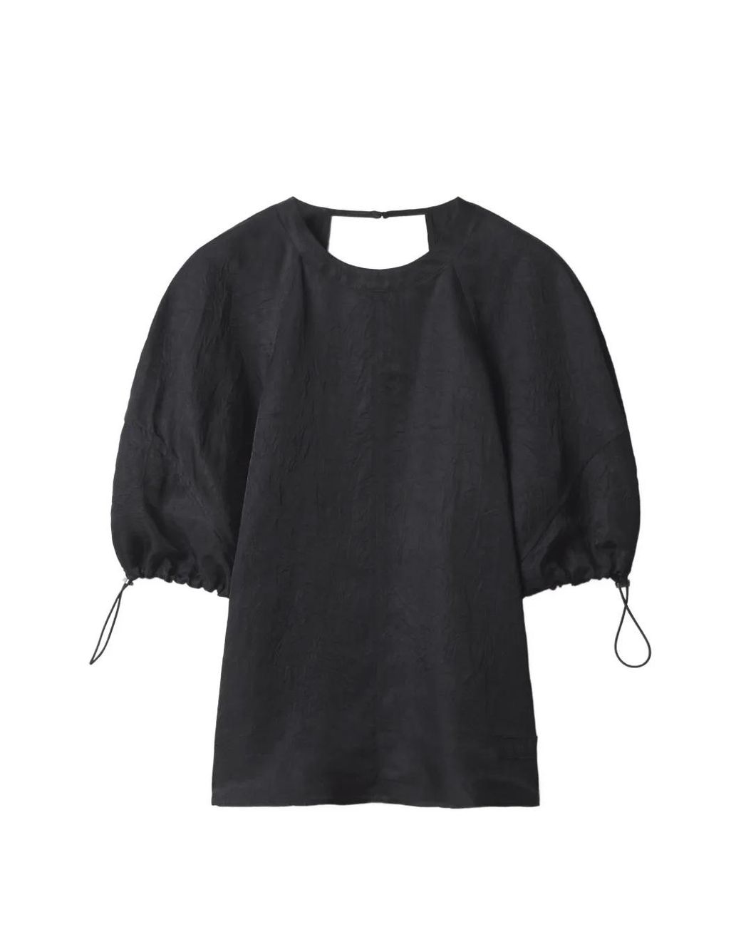 Maison Kitsuné Black Crinkled Puff-Sleeve Top