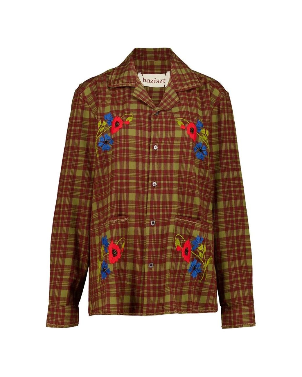 BAZISZT Brown Pilot Check Floral-Embroidered Shirt for men