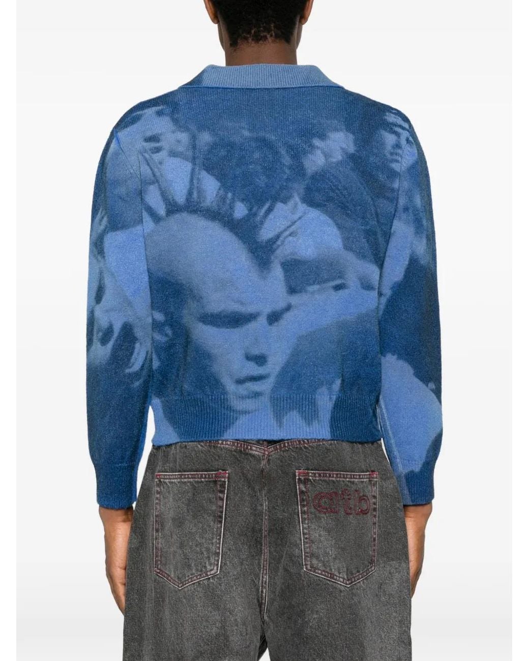 DAGGER Blue Graphic-Print Open-Neck Sweater for men