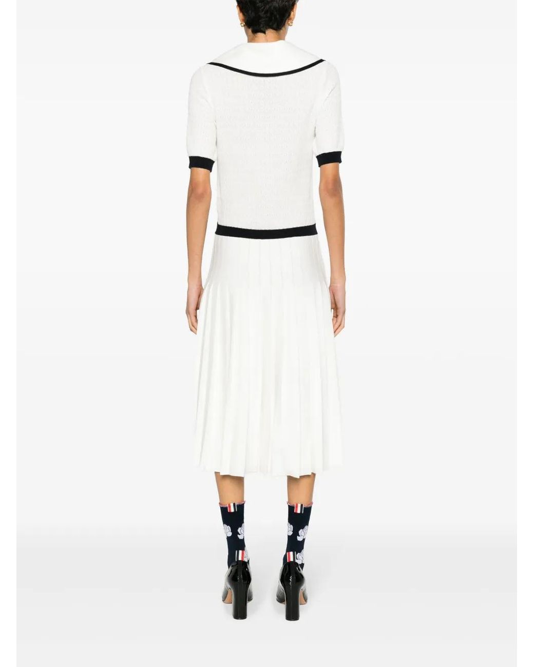 Thom Browne White Pointelle-Knit Pleated Midi Dress
